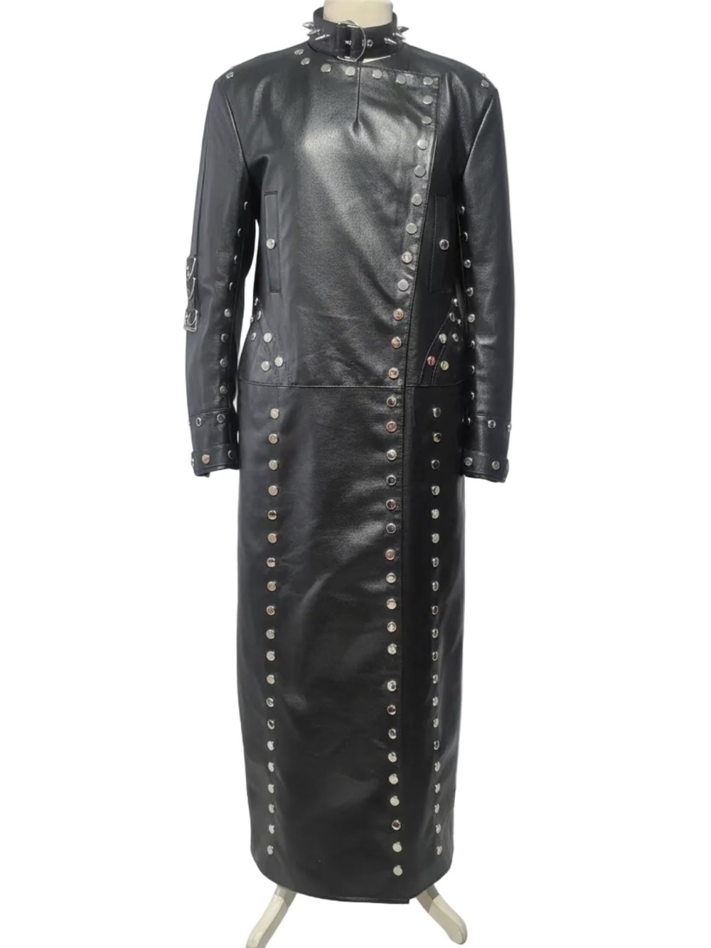 Long Black Stud-Embellished Leather Coat